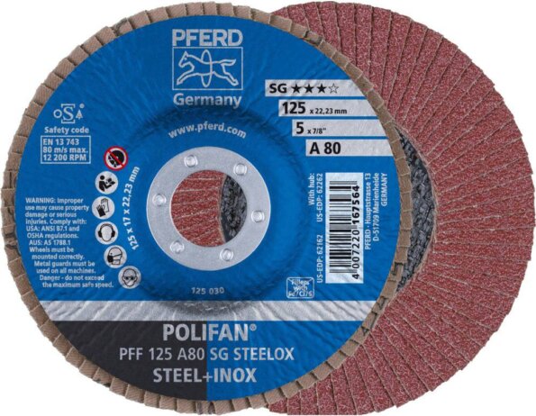 PFERD Polifan PFF 125 A 80 SG STEELOX lamellás csiszoló korong, 125mm, 10 db PFERD Polifan PFF 125 A 80 SG STEELOX lamellás csiszoló korong, 125mm, 10 db