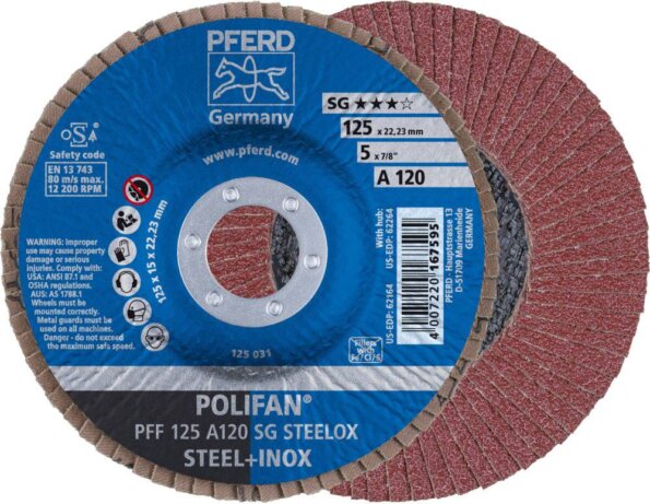 PFERD Polifan PFF 125 A 120 SG STEELOX lamellás csiszoló korong, 125mm, 10 db PFERD Polifan PFF 125 A 120 SG STEELOX lamellás csiszoló korong, 125mm, 10 db