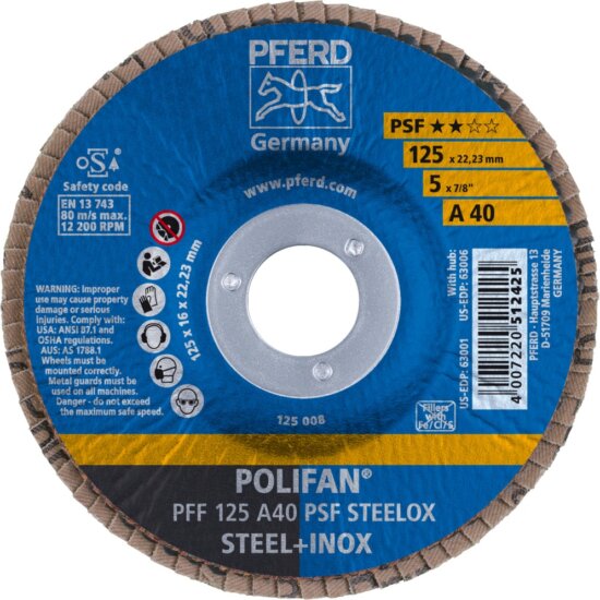 PFERD Polifan PFF 125 A 40 PSF STEELOX lamellás csiszoló korong, 125mm, 10 db PFERD Polifan PFF 125 A 40 PSF STEELOX lamellás csiszoló korong, 125mm, 10 db