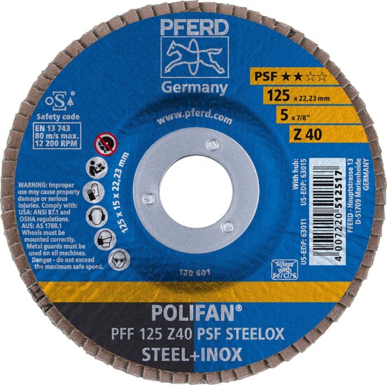 PFERD Polifan PFF 125 PSF STEELOX lamellás csiszoló korong, 125mm, Z40, 10 db PFERD Polifan PFF 125 PSF STEELOX lamellás csiszoló korong, 125mm, Z40, 10 db