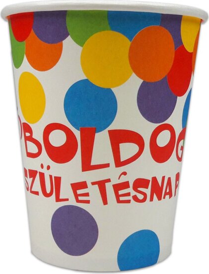 Boldog születésnapot feliratos, konfetti mintás, 6 darabos papírpohár, 250 ml