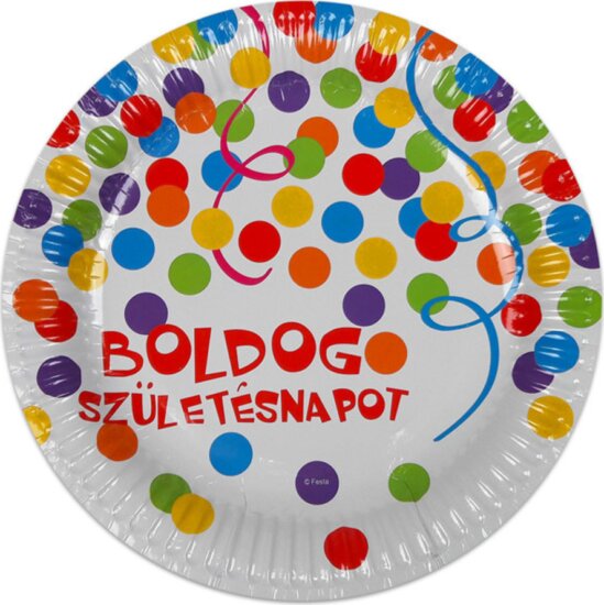 Boldog születésnapot feliratos, konfetti mintás, 6 darabos papírtányér, 23 cm