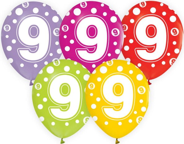 Színes, pöttyös számos lufi 5 darabos szett, 9