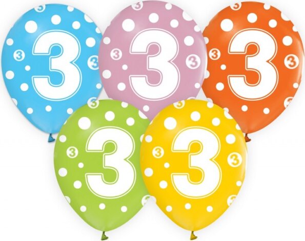 Színes, pöttyös számos lufi 5 darabos szett, 3 Színes, pöttyös számos lufi 5 darabos szett, 3