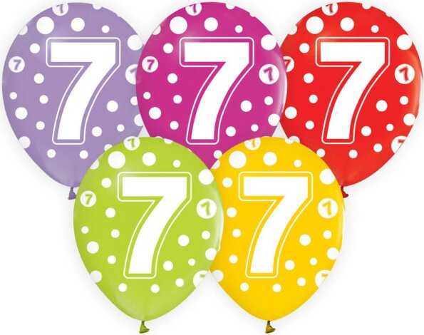 Színes, pöttyös számos lufi 5 darabos szett, 7 Színes, pöttyös számos lufi 5 darabos szett, 7