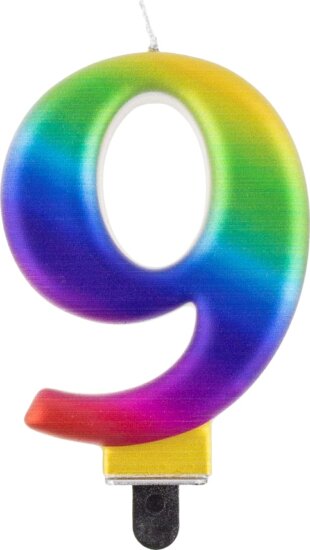 Szivárvány színű születésnapi gyertya, 8 cm, 9-es Szivárvány színű születésnapi gyertya, 8 cm, 9-es