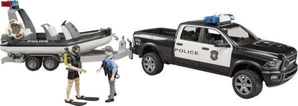 Bruder Rendőrségi RAM 2500 pótkocsival, csónakkal és jelzőfénnyel Bruder Rendőrségi RAM 2500 pótkocsival, csónakkal és jelzőfénnyel