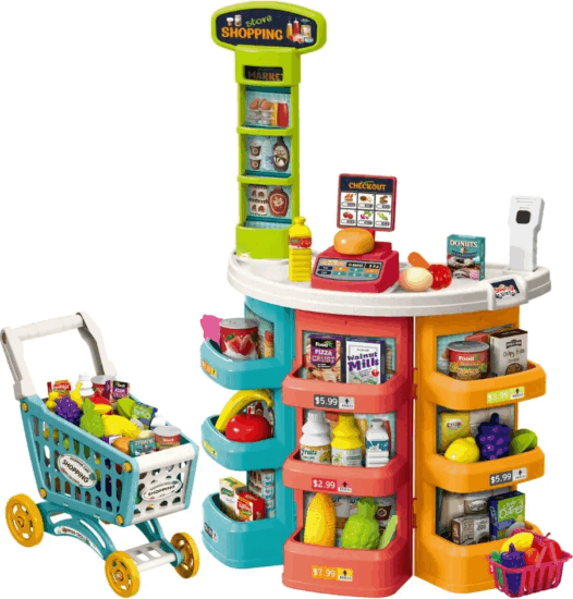 Szupermarket játékszett guruló bevásárlókocsival, 76 db-os szett Szupermarket játékszett guruló bevásárlókocsival, 76 db-os szett