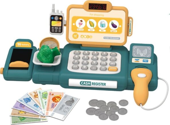 Pénztárgép játékszett kiegészítőkkel, zöld, 37 db-os Pénztárgép játékszett kiegészítőkkel, zöld, 37 db-os