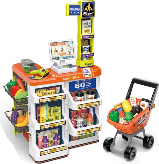 Szupermarket játékszett bevásárlókocsival, 60 db-os Szupermarket játékszett bevásárlókocsival, 60 db-os