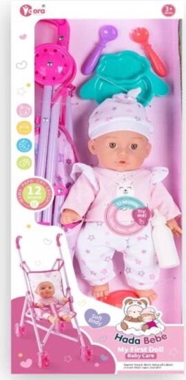 Játékbaba babakocsival és kiegészítőkkel, 35 cm Játékbaba babakocsival és kiegészítőkkel, 35 cm