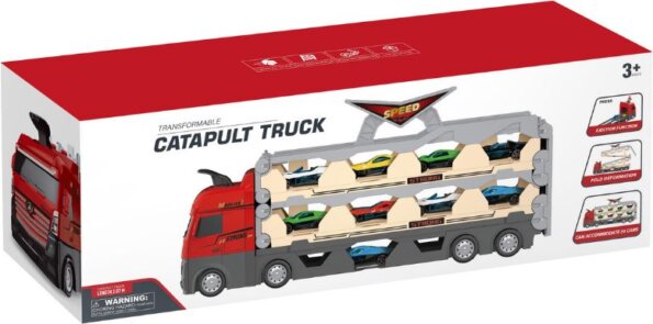 Autószállító kamion kihajtható versenypályával Autószállító kamion kihajtható versenypályával