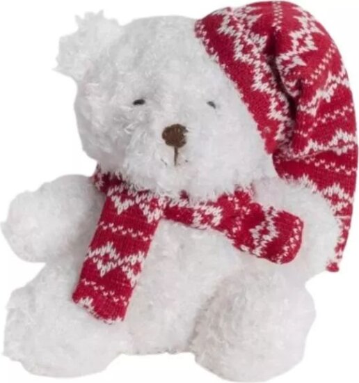 Piros sapkás karácsonyi maci plüssfigura, 13 cm