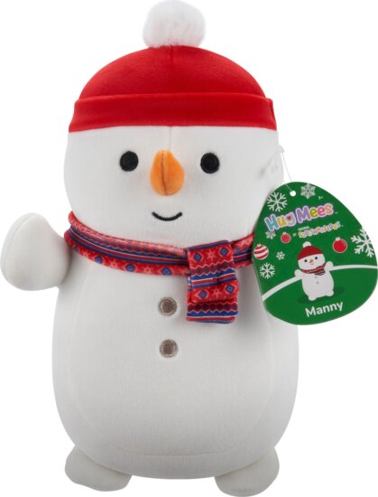 Squishmallows Hugmees, Manny a hóember piros sapkában és sállal, 25 cm