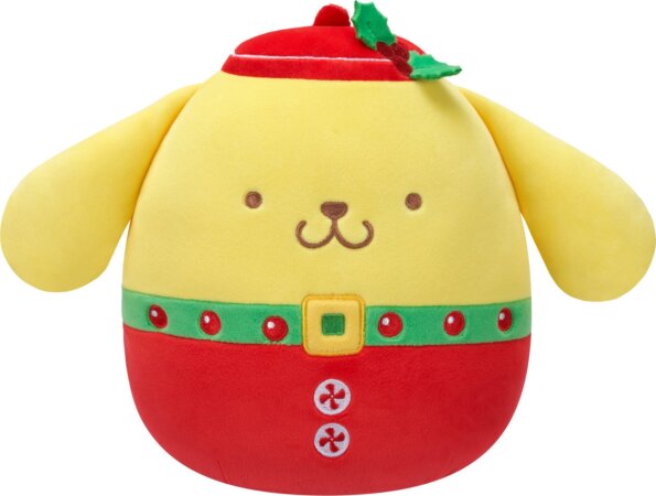 Squishmallows Ünnepek, Pompompurin piros ruhában zöld övvel, 20 cm