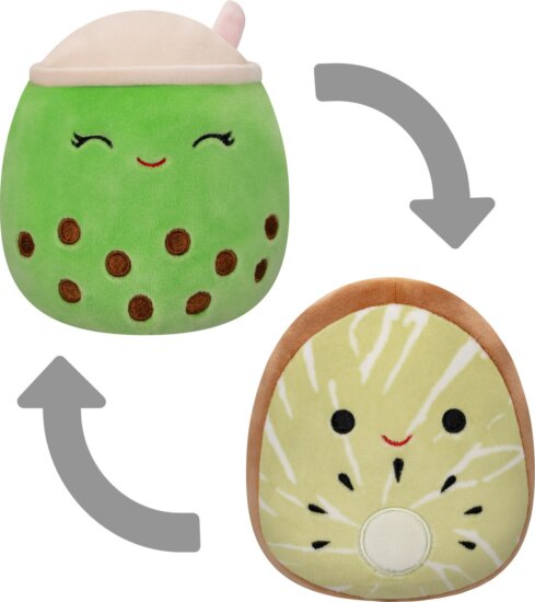 Squishmallows, Kifordítható 2 az 1-ben plüss, Kachina a kiwi és Sevda a zöld boba tea