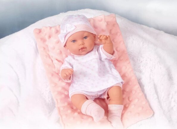 Puha játékbaba dobozban, pink, 33 cm