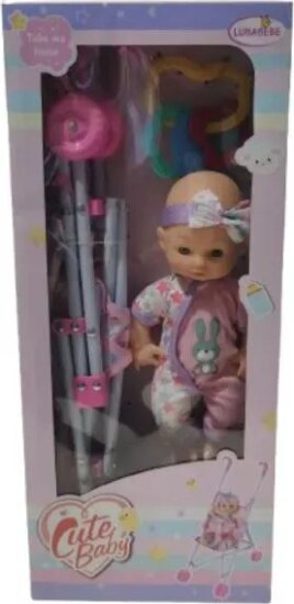 Játékbaba nyuszi mintás ruhában, összecsukható babakocsival, 25 cm