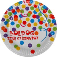 Boldog születésnapot feliratos, konfetti mintás, 6 darabos papírtányér, 23 cm