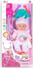 Játékbaba babakocsival és kiegészítőkkel, 35 cm